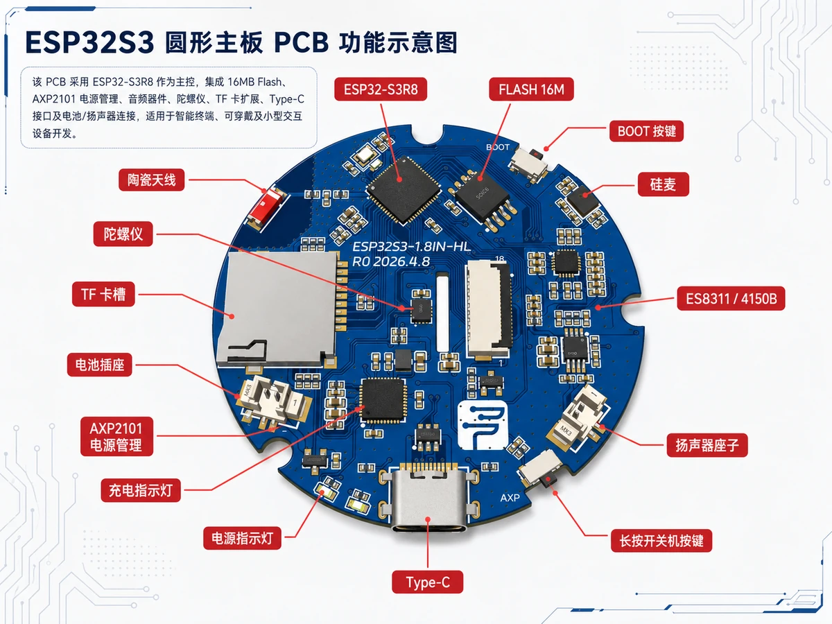 ESP32-S3 圆形主板 PCB 功能示意图